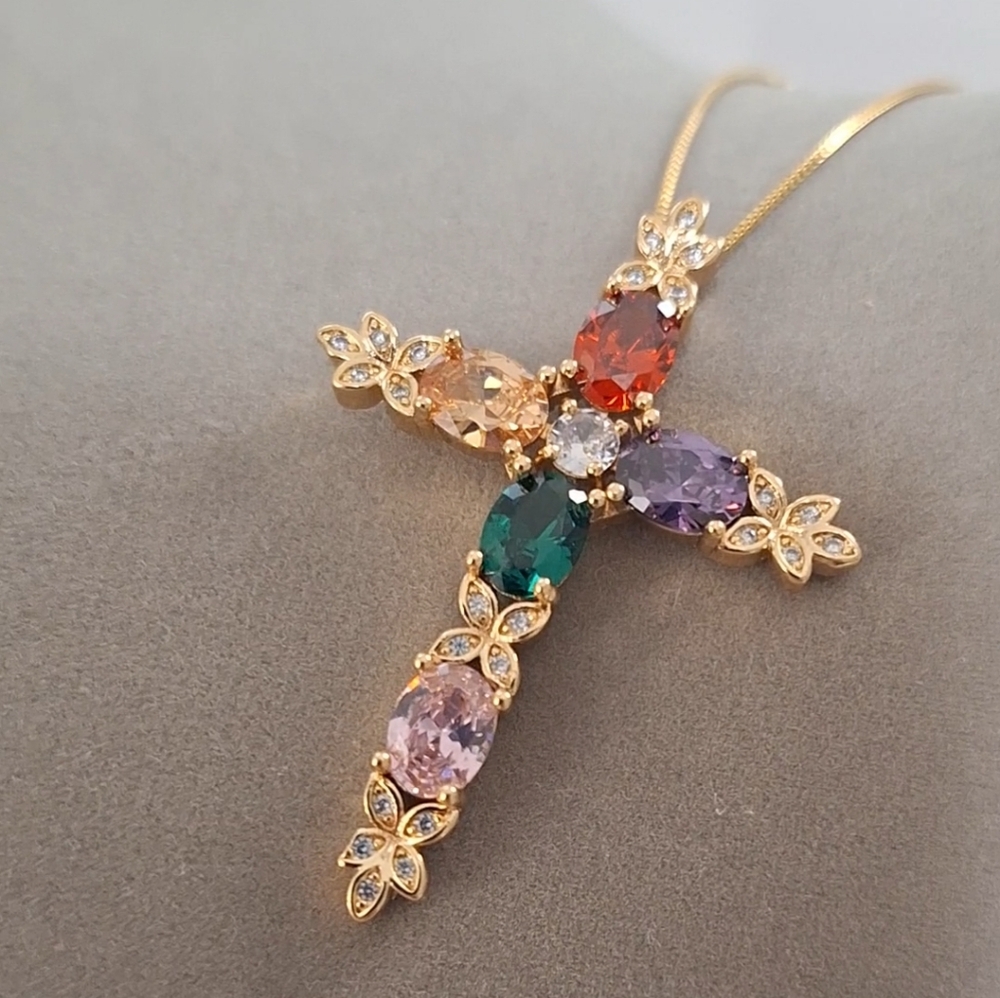 Multicolor diamonds ,oval shape Cross Necklace 18kt gold-filled.